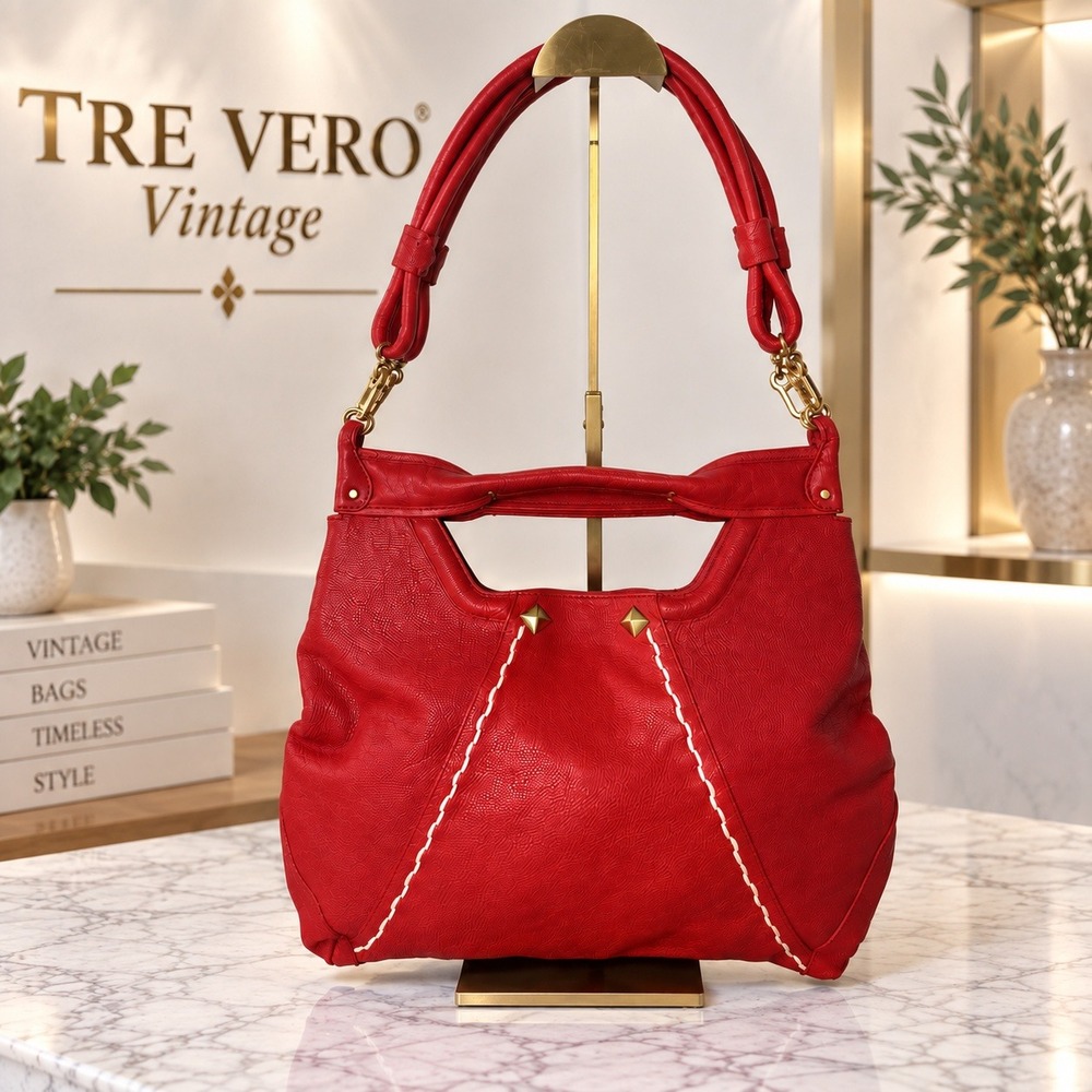 Tre Vero Red Pebble Leather Hobo Shoulder Bag Gold Studded Stitch Detail